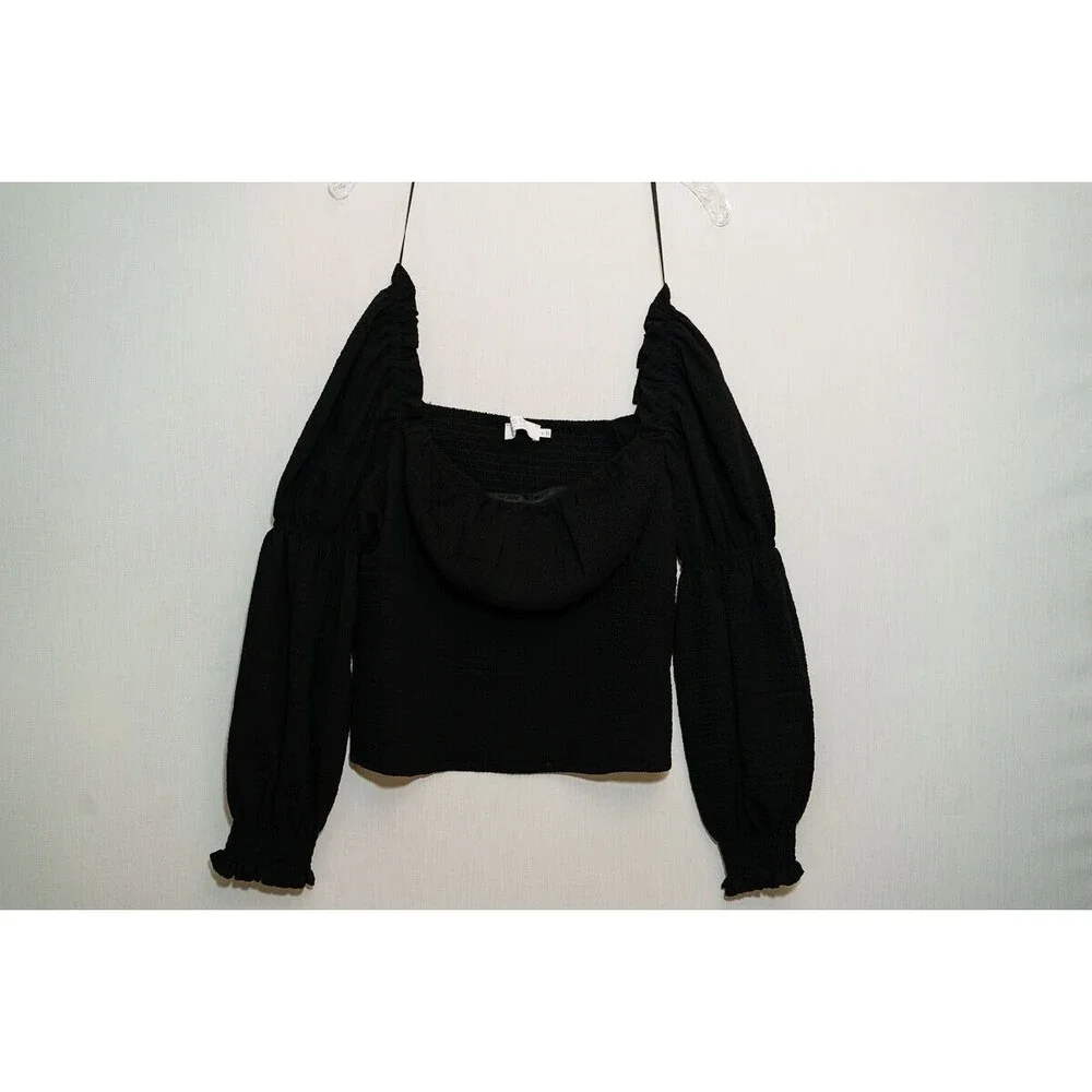 ASTR the label top Ruched Textured Puff‎ Sleeve Square Neck babydoll cropped